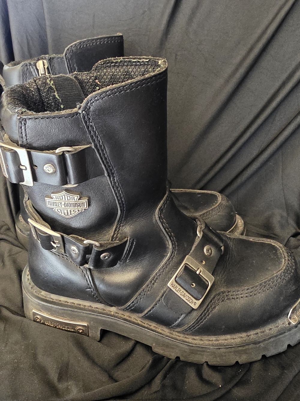 Womens Harley-Davidson Black Leather Biker Engineer Boots with Buckle Accents